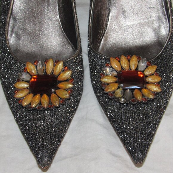 Miu Miu Black Silver Glitter Flower Stone Pointed Toe Witch Goth Heels 39 1/2 - Picture 3 of 7
